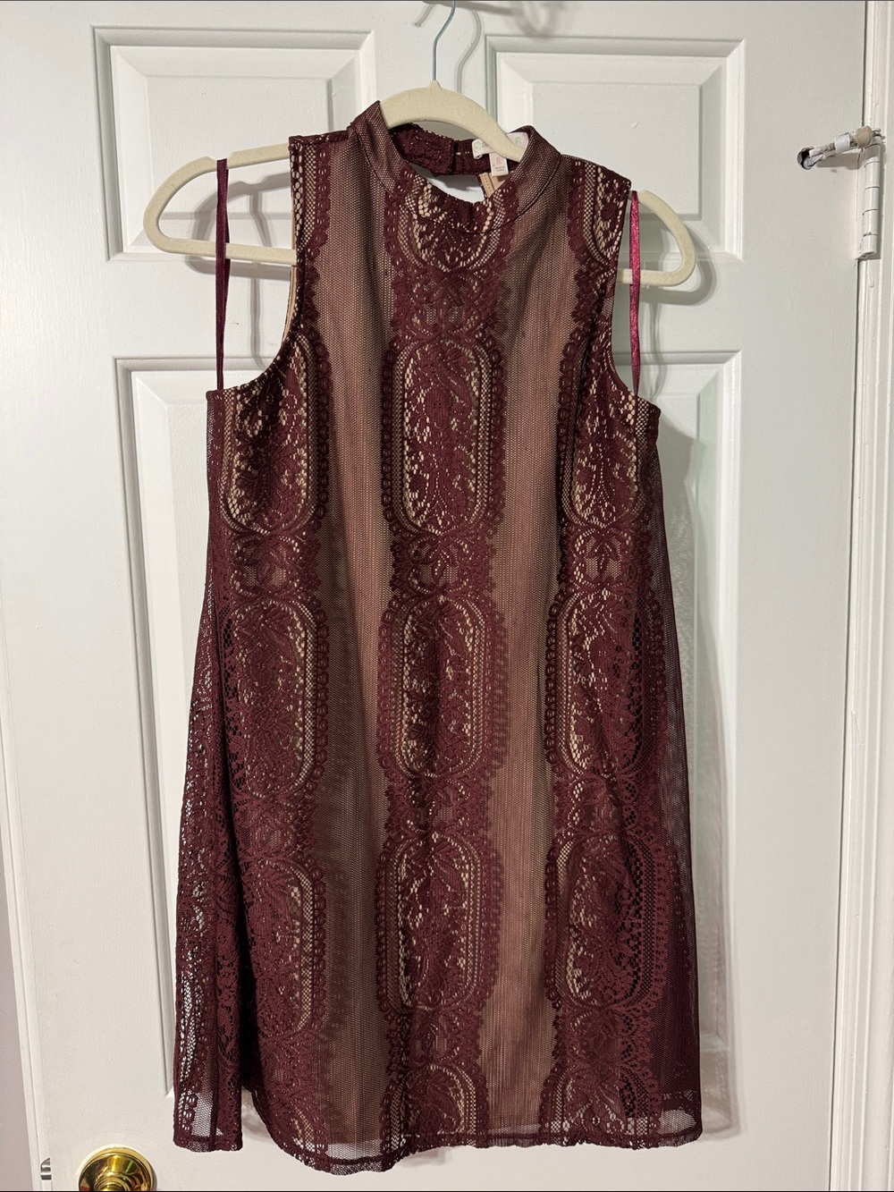 Francesca's Collections Burgundy Lace High-Neck Mini Dress